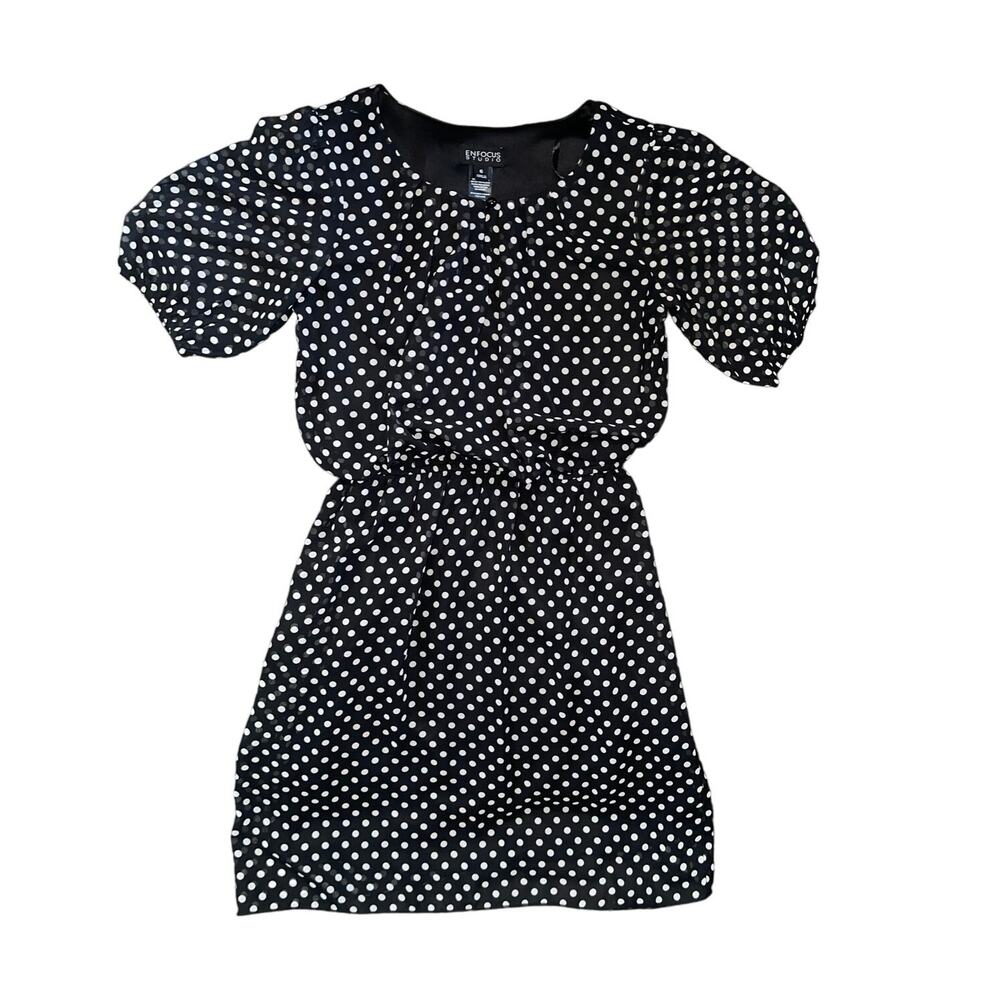Enfocus Studio Short Sleeve Black White Polka Dot Dress SZ 6 Casual Chic Preppy